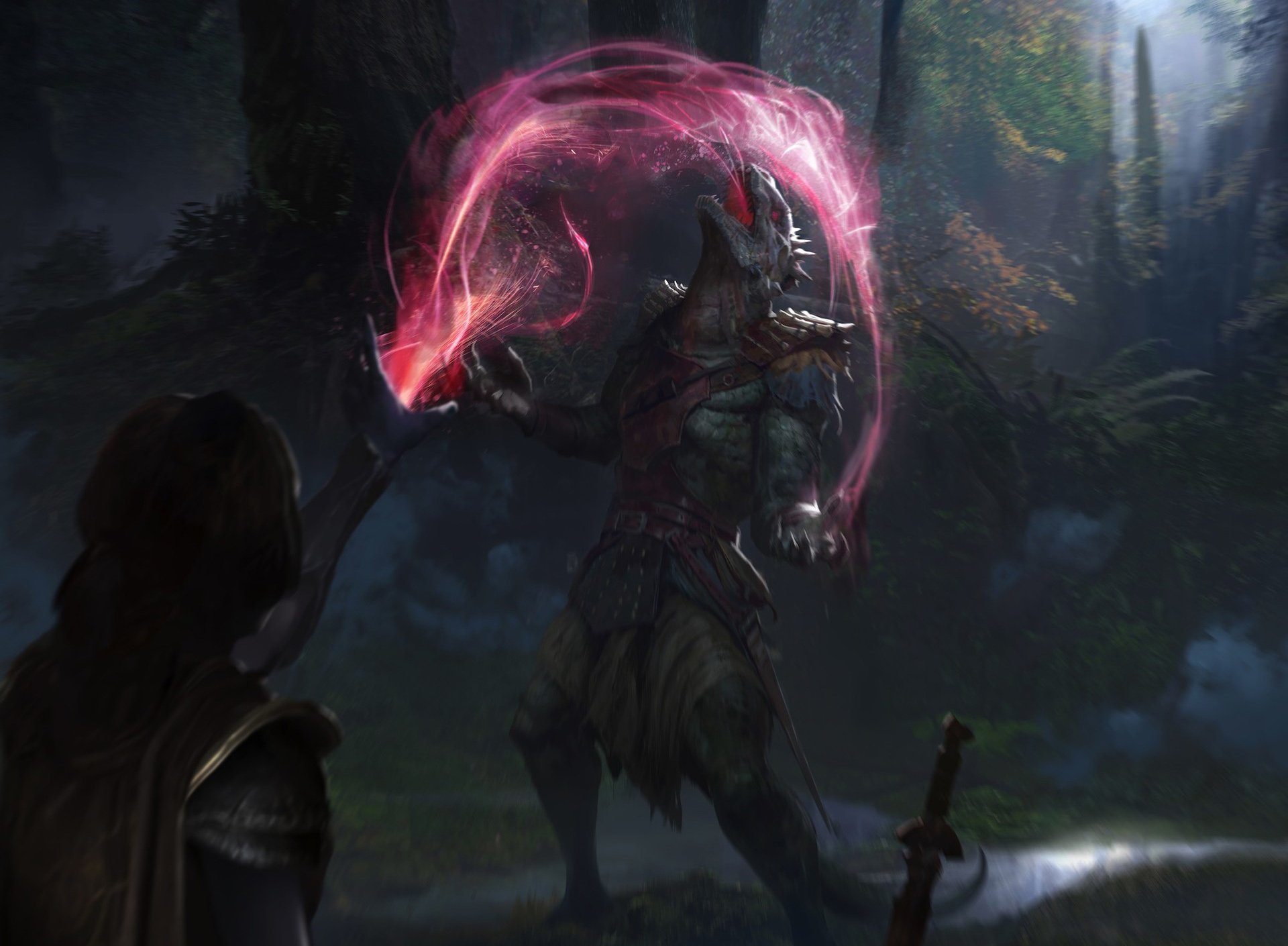 HD PC desktop wallpaper depicting a menacing creature casting a glowing red magical spell, inspired by the video game The Elder Scrolls: Legends.