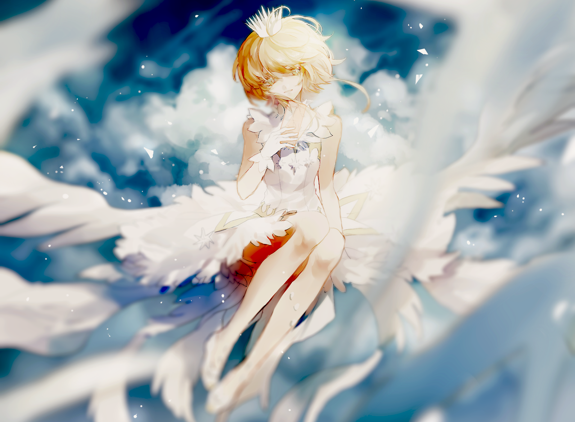 HD PC desktop wallpaper: Cardcaptor Sakura (Sakura Kinomoto) rendered in anime style, an ethereal figure surrounded by soft white feathers and angelic wings.