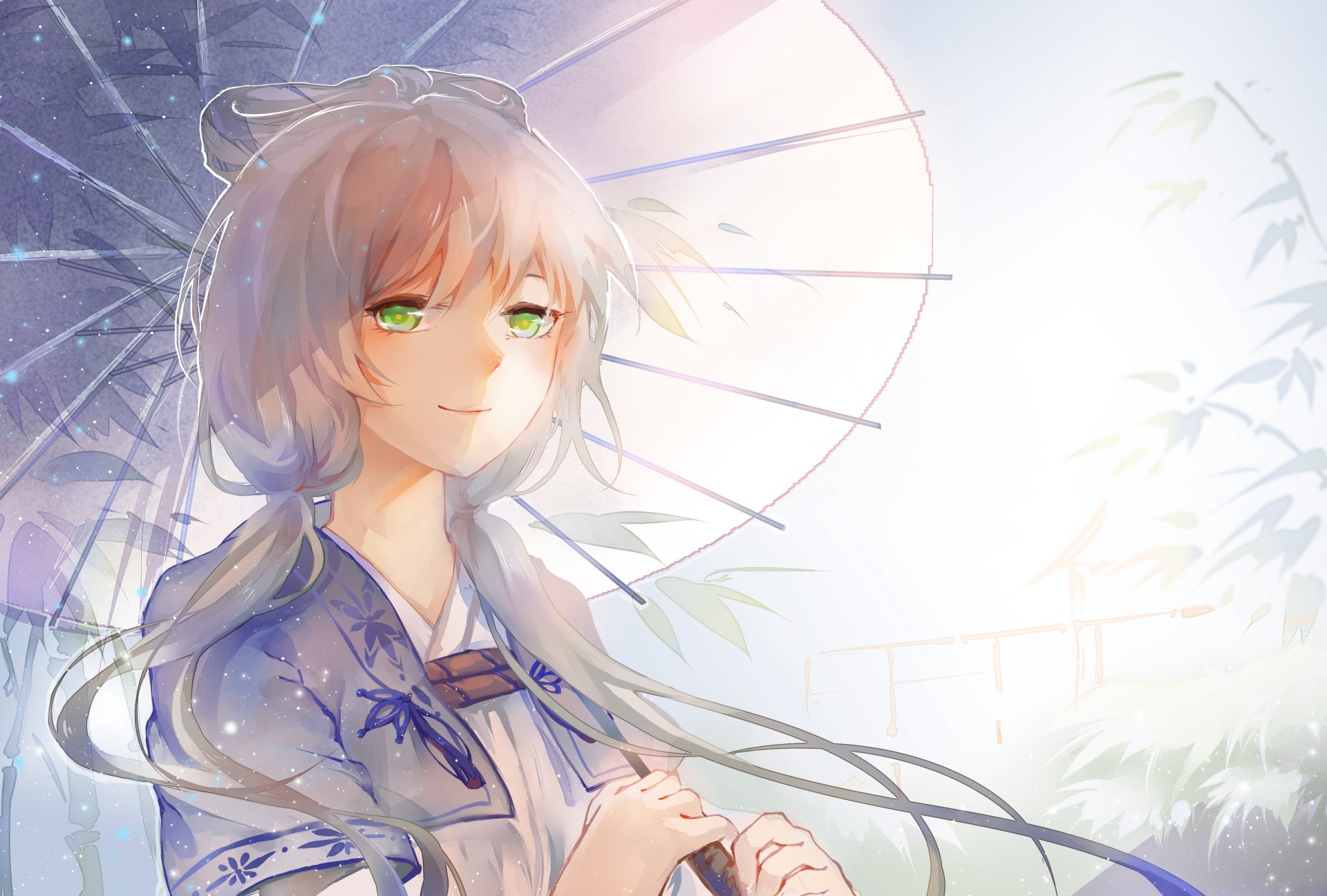 4K Ultra HD anime wallpaper of Luo Tianyi (Vocaloid): blonde hair, green eyes, serene face beneath a paper parasol in a misty garden, soft watercolor lighting; PC desktop background.