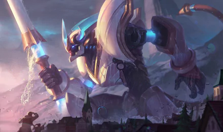 HD desktop wallpaper featuring Wukong from League of Legends in a futuristic town setting, with a commanding presence and a glowing staff.