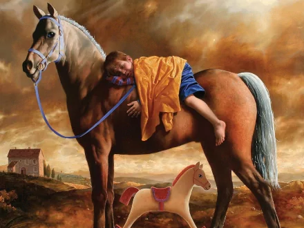 A serene image featuring a child peacefully sleeping on a horse, with bare feet resting against the horse's side, accompanied by a toy horse in a tranquil landscape.