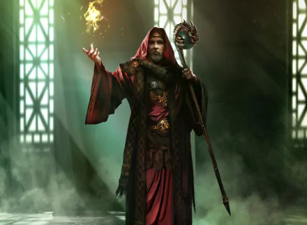 HD desktop wallpaper featuring a robed mage with a staff, set in a mystical, fog-filled hall from the video game The Elder Scrolls: Legends.