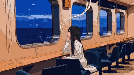 Anime-style HD desktop wallpaper of a long-haired character with black eyes smoking a cigarette on a train, with a clock above and a night ocean view outside the windows.