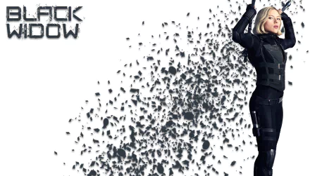 HD PC desktop wallpaper featuring Scarlett Johansson as Black Widow from Avengers: Infinity War, with shattered fragments dispersing from her figure against a white background.