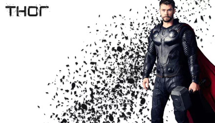 HD desktop wallpaper of Chris Hemsworth as Thor from the movie Avengers: Infinity War. Thor is seen in his iconic armor with Mjolnir in hand against a white background with black fragments.