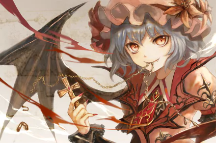 HD anime desktop wallpaper featuring Remilia Scarlet from Touhou, showcasing her with gray hair, red eyes, and bat wings in a detailed, gothic-style outfit.