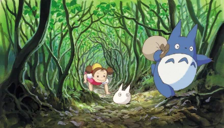 HD desktop wallpaper featuring Mei Kusakabe and Mini Totoro from the anime My Neighbor Totoro. Mei, a young girl, is shown exploring a lush, green forest with two Totoro characters.