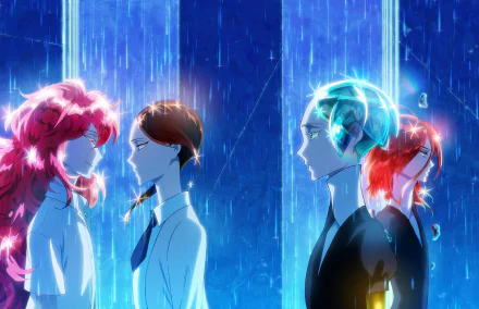 HD PC desktop wallpaper featuring Padparadscha, Rutile, Phosphophyllite, and Cinnabar from the anime Land of the Lustrous, set against a rainy blue backdrop.