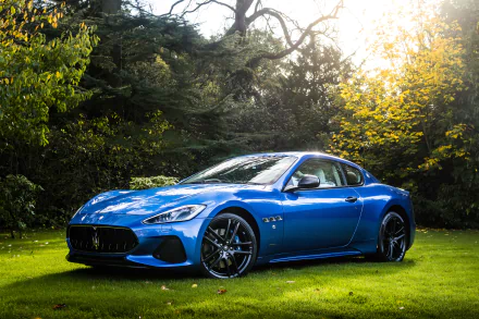 Blue Maserati GranTurismo supercar parked on grass with sunlight filtering through trees, captured in a 4K Ultra HD desktop wallpaper showcasing the grand tourer vehicle.