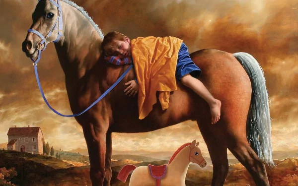 A serene image featuring a child peacefully sleeping on a horse, with bare feet resting against the horse's side, accompanied by a toy horse in a tranquil landscape.