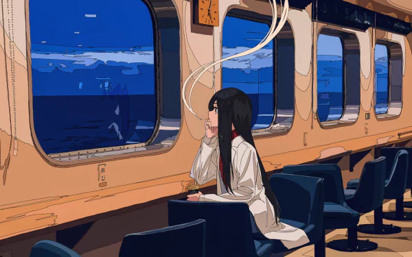 Anime-style HD desktop wallpaper of a long-haired character with black eyes smoking a cigarette on a train, with a clock above and a night ocean view outside the windows.