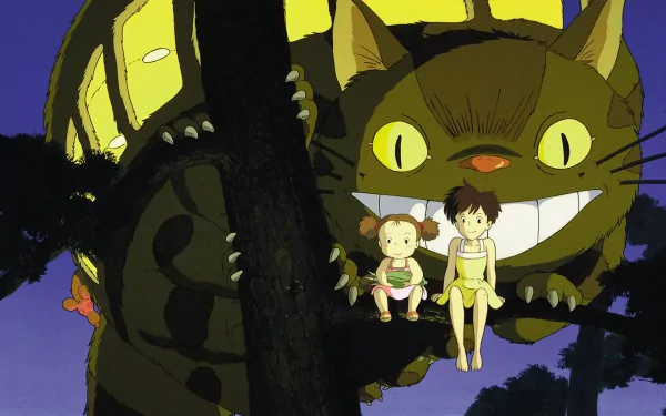 Satsuki and Mei Kusakabe sit on a tree branch beside the whimsical Catbus from My Neighbor Totoro, set against a twilight backdrop in this vibrant HD wallpaper.