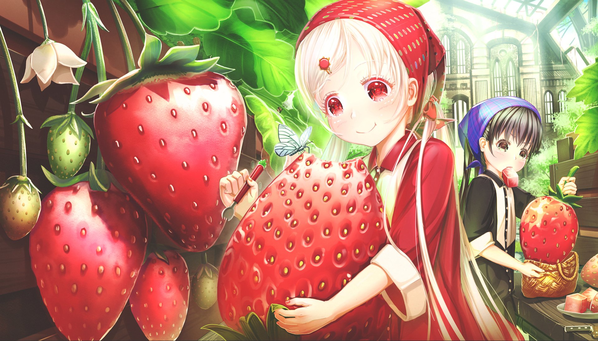 Anime-style original HD desktop wallpaper featuring two characters interacting with oversized strawberries in a vibrant, lush garden setting.