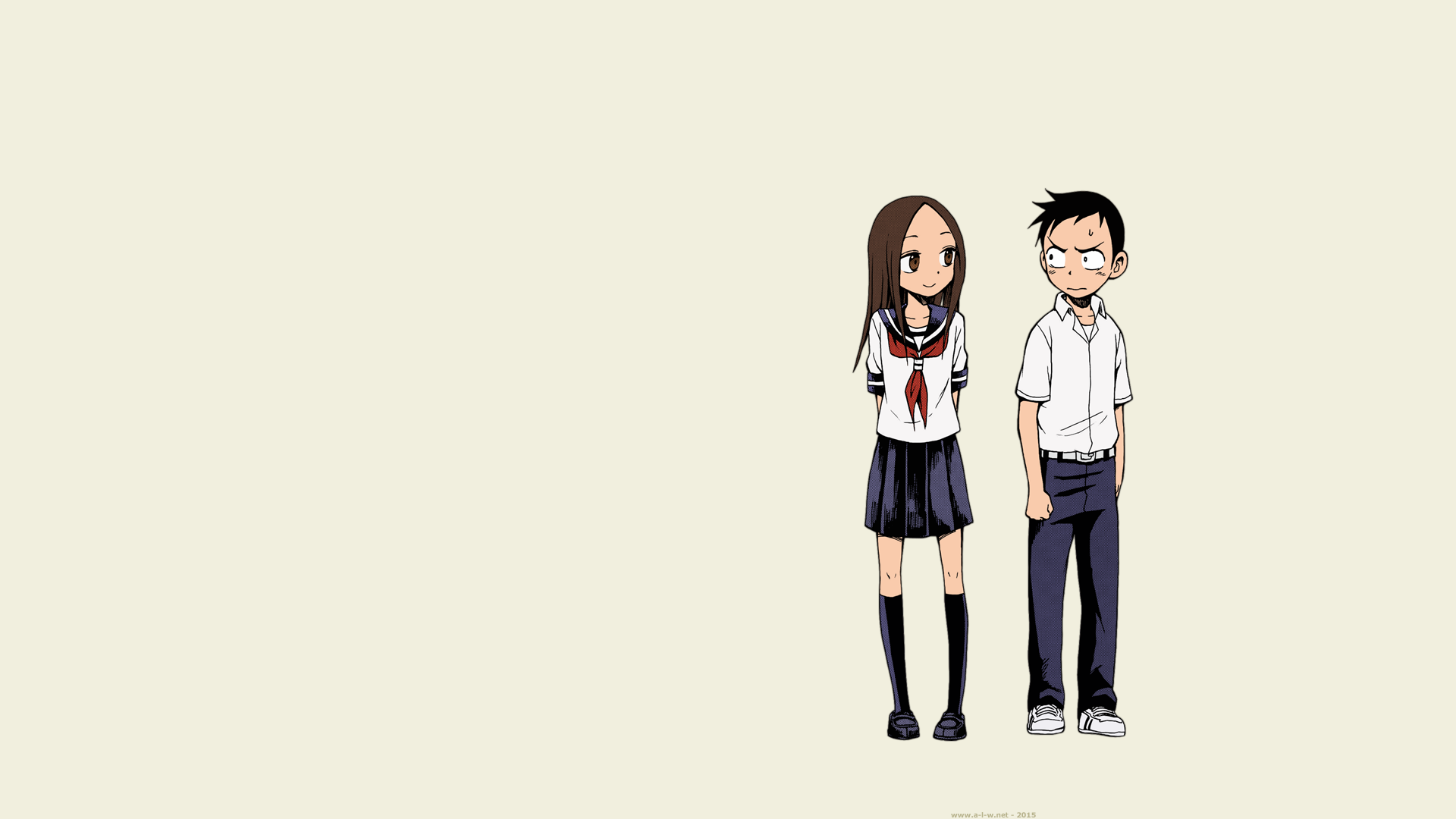 HD PC wallpaper featuring Takagi and Nishikata from the anime Teasing Master Takagi-san, depicted in their school uniforms with a light beige background.