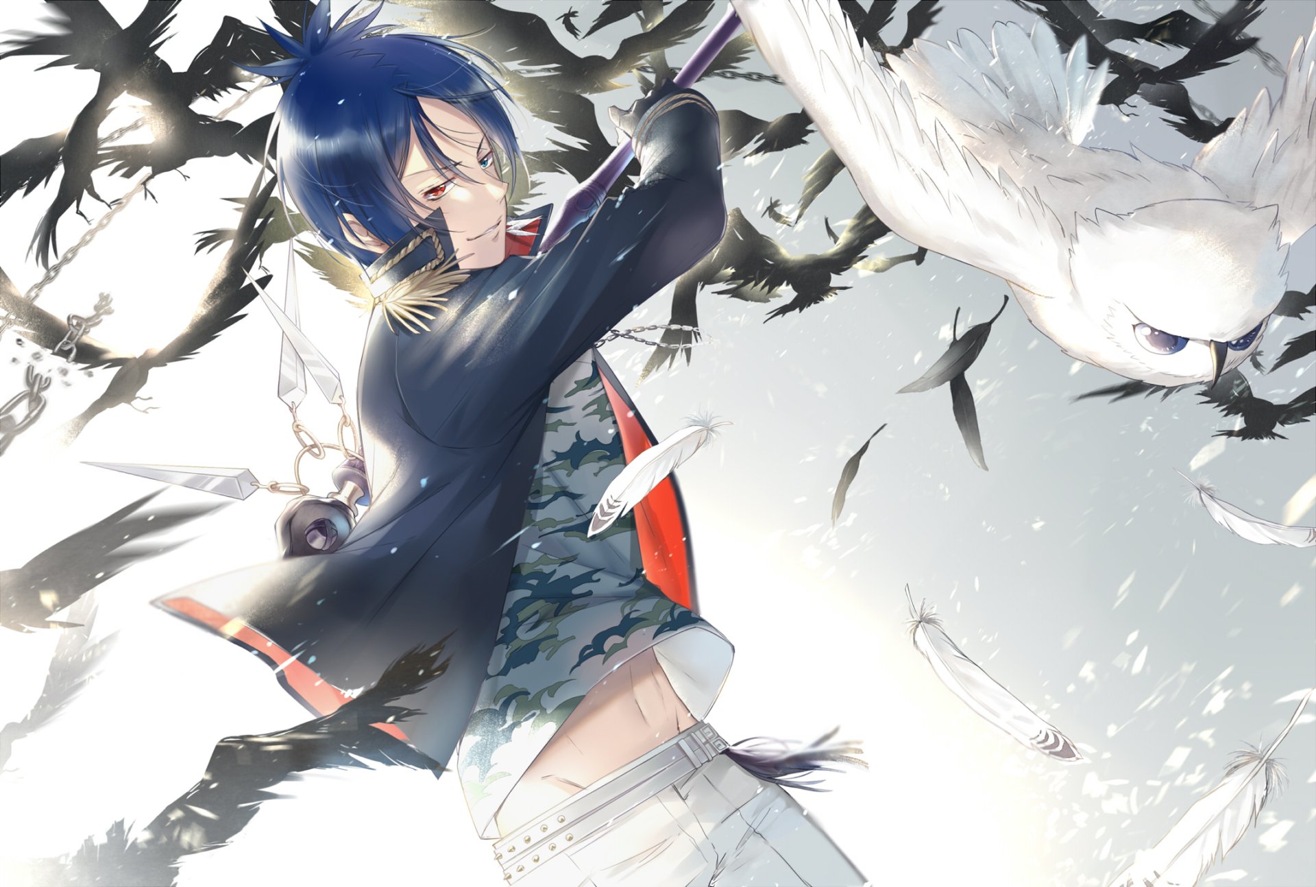 HD anime desktop wallpaper featuring Mukuro Rokudo from Katekyō Hitman Reborn! with striking heterochromia, surrounded by black and white birds in flight.