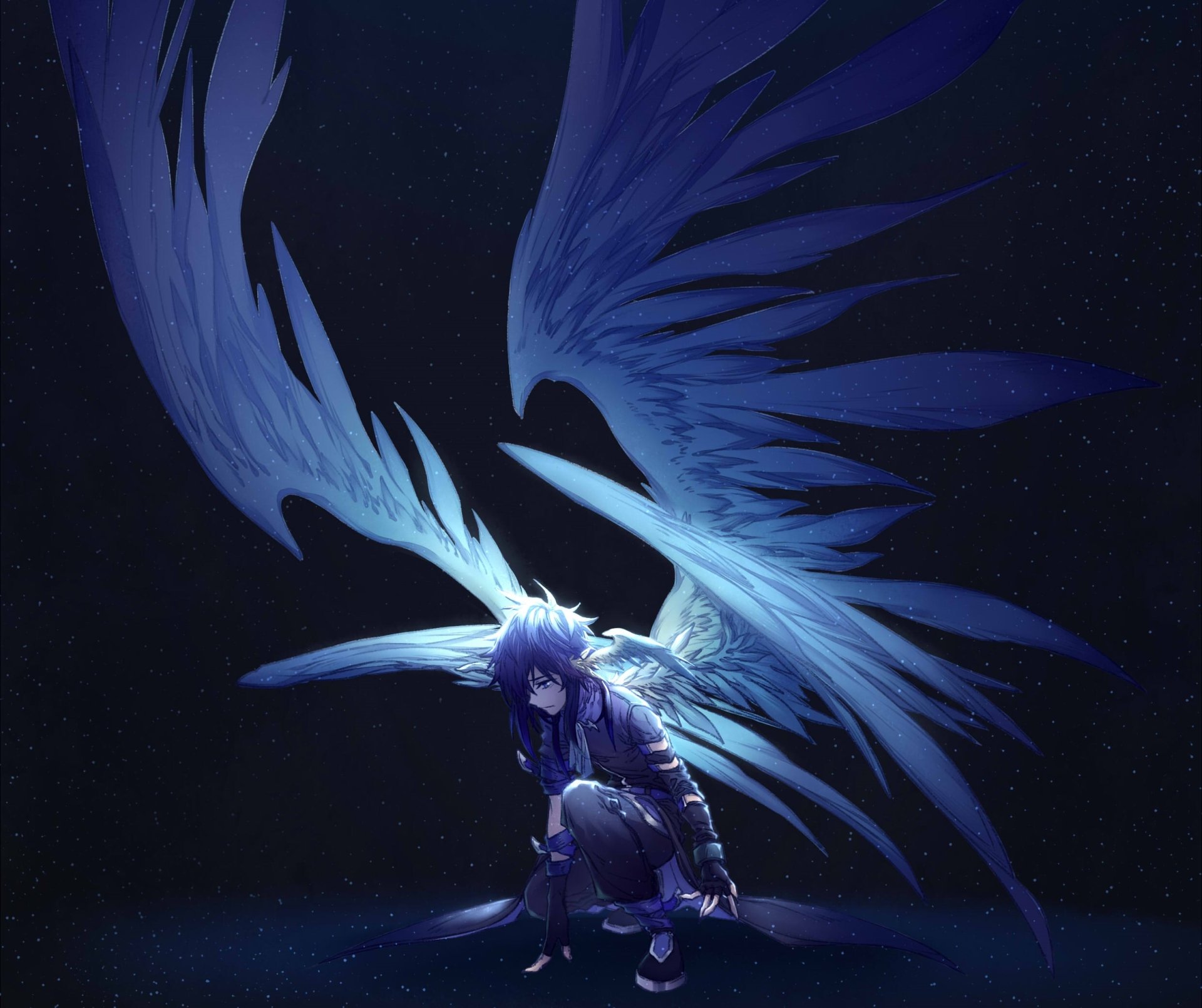 HD anime desktop wallpaper of a short-haired angel with glowing wings and gloves, set against a dark, starry background.