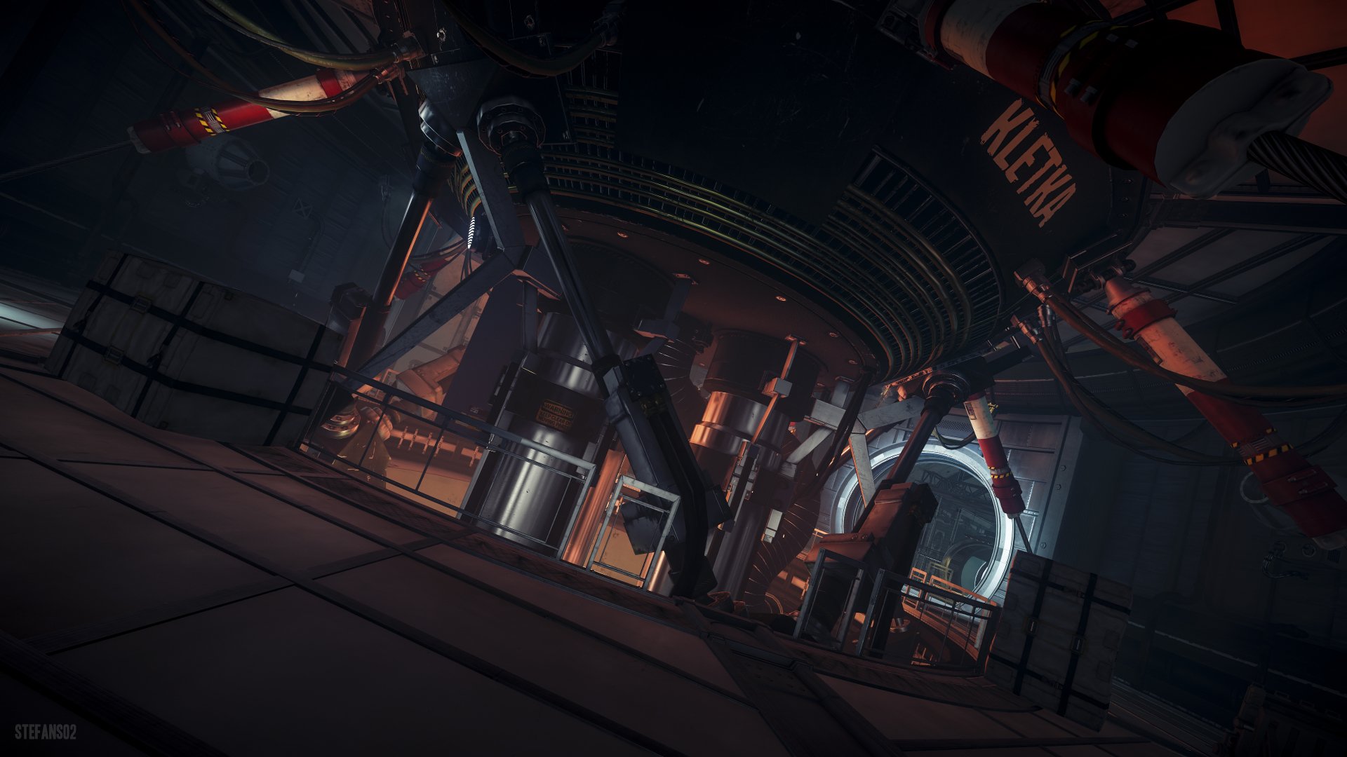 Prey (Video Game) 4K Ultra HD PC desktop wallpaper — dim industrial space station interior with red lighting, robotic arms, pipes and metal walkways.