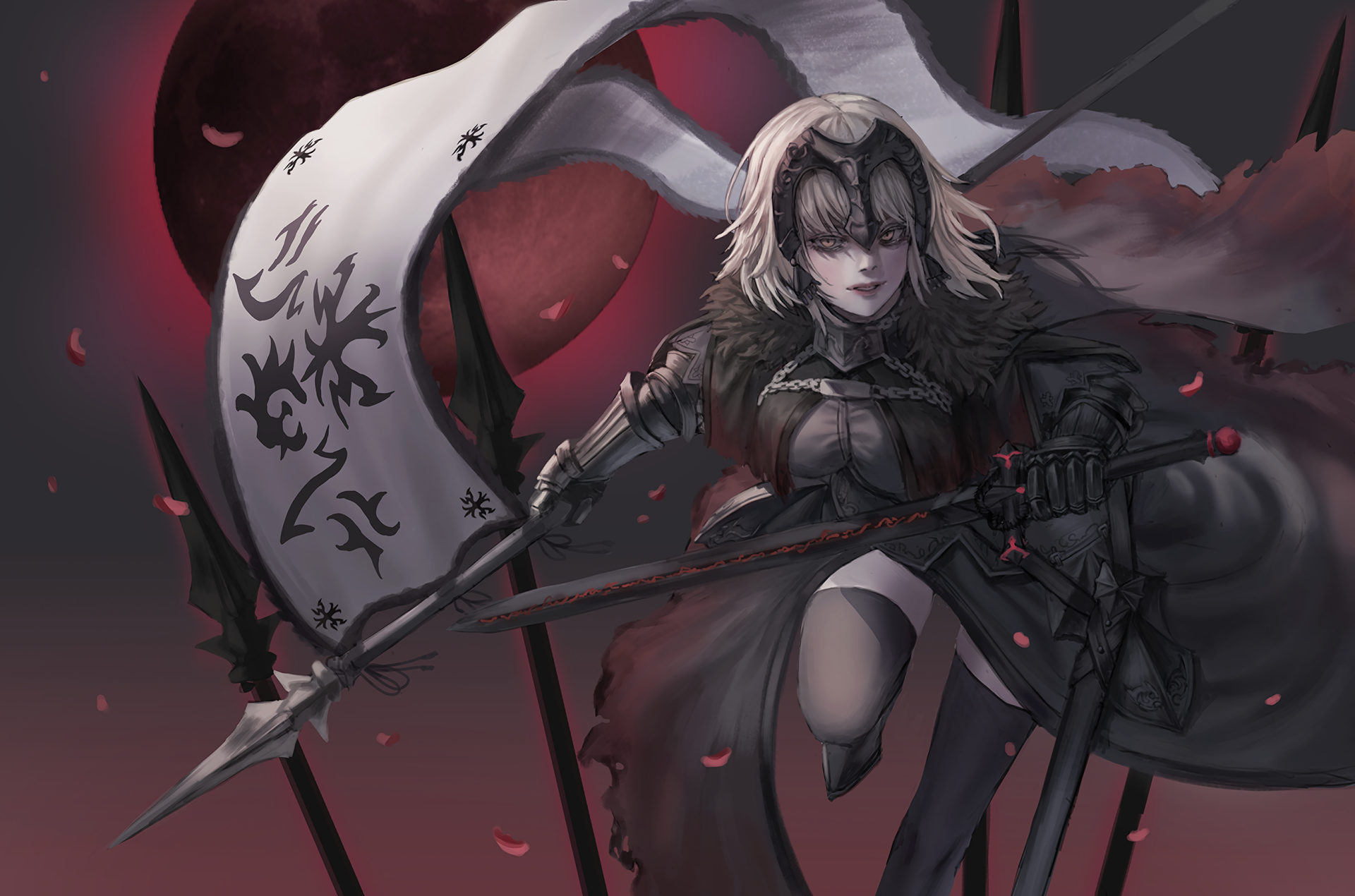 HD anime wallpaper featuring Jeanne d'Arc Alter from Fate/Grand Order, a white-haired woman warrior with yellow eyes holding a sword and flag against a dark, dramatic background.