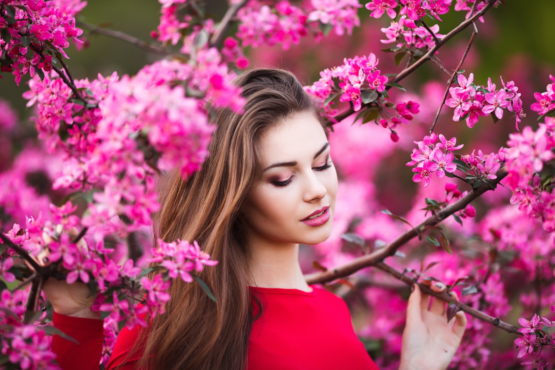 Download Spring Pink Flower Blossom Lipstick Long Hair Brunette Model Woman Mood Flower 4k Ultra HD Wallpaper