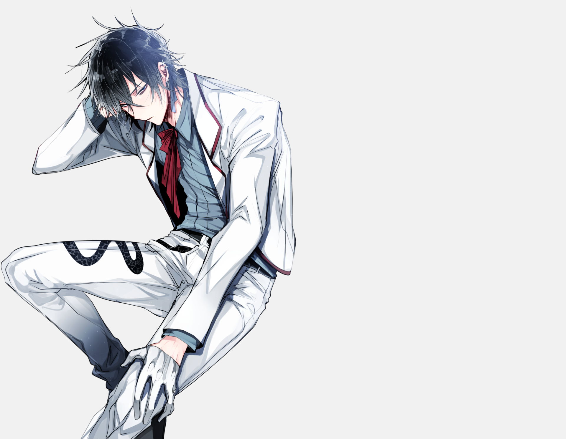 Anime original character with short black hair, blue eyes and earrings, dressed in a white suit and red tie, sitting on a pale background — 4K Ultra HD PC desktop wallpaper.