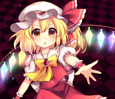 HD PC desktop wallpaper featuring Flandre Scarlet from the anime Touhou, showcasing vibrant colors and dynamic pose with glowing crystal wings.