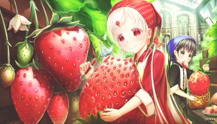 Anime-style original HD desktop wallpaper featuring two characters interacting with oversized strawberries in a vibrant, lush garden setting.
