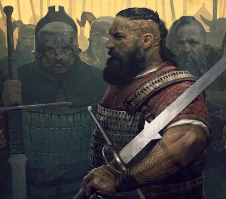 HD PC desktop wallpaper featuring a warrior with a sword in detailed armor, inspired by Gwent: The Witcher Card Game's dark, immersive video game art style.