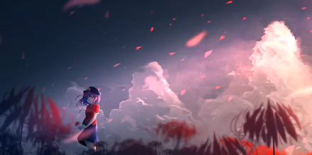 Yoshika Miyako from Touhou stands amid windblown petals and glowing clouds in an HD anime desktop wallpaper — moody dusk scene with red grasses and drifting embers.