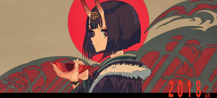 HD desktop wallpaper featuring Shuten Dōji from the anime Fate/Grand Order. The character is seen with horns, a red background, and holding a red cup, adding a mystical touch.