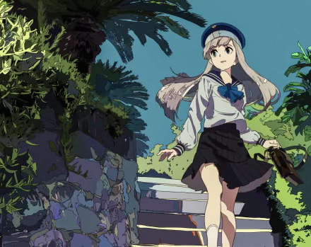 Anime-style 4K wallpaper of a blonde girl with blue eyes, wearing a hat, bow, and skirt, carrying a bag while walking outdoors surrounded by lush greenery.