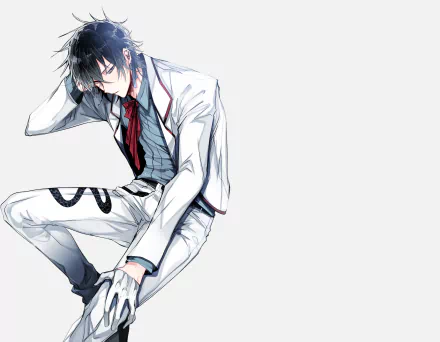 Anime original character with short black hair, blue eyes and earrings, dressed in a white suit and red tie, sitting on a pale background — 4K Ultra HD PC desktop wallpaper.