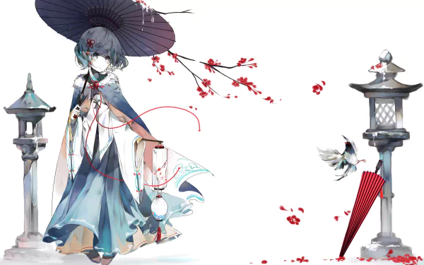 HD anime desktop wallpaper featuring Kogasa Tatara from Touhou, dressed in traditional attire with an umbrella, surrounded by lanterns and cherry blossoms on a white background.