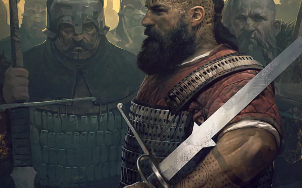 HD PC desktop wallpaper featuring a warrior with a sword in detailed armor, inspired by Gwent: The Witcher Card Game's dark, immersive video game art style.