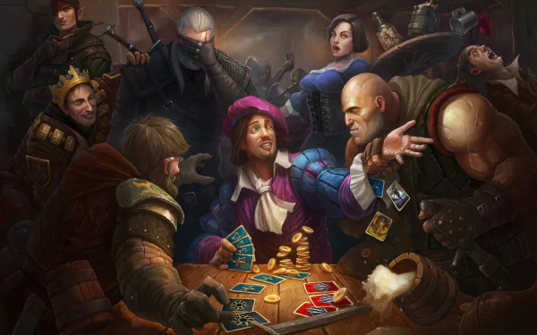 HD PC desktop wallpaper featuring characters from the video game Gwent: The Witcher Card Game, gathered around a table playing a card game in a detailed fantasy setting.