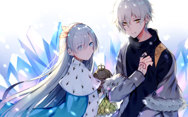 An HD desktop wallpaper featuring Kadoc Zemlupus and Anastasia from the anime Fate/Grand Order, with a background of icy blue crystals.
