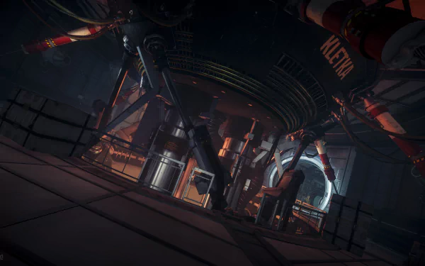 Prey (Video Game) 4K Ultra HD PC desktop wallpaper — dim industrial space station interior with red lighting, robotic arms, pipes and metal walkways.