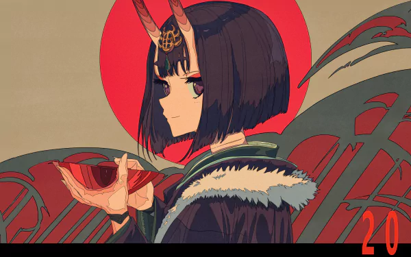 HD desktop wallpaper featuring Shuten Dōji from the anime Fate/Grand Order. The character is seen with horns, a red background, and holding a red cup, adding a mystical touch.