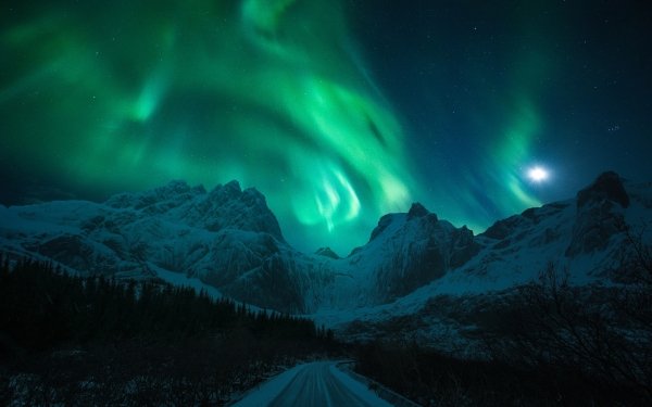 Earth Aurora Borealis Nature Night Mountain Winter Road HD Wallpaper | Background Image