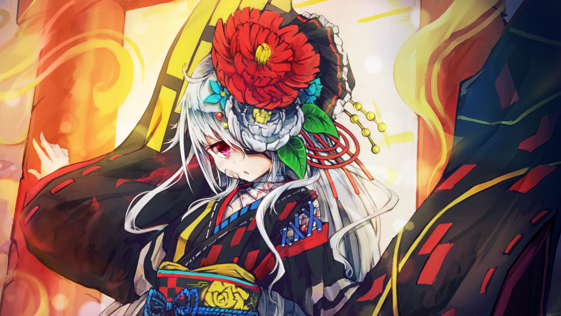 HD anime original artwork of a character with white hair and a large red flower headpiece, dressed in traditional attire with vibrant colors, designed as a PC desktop wallpaper.