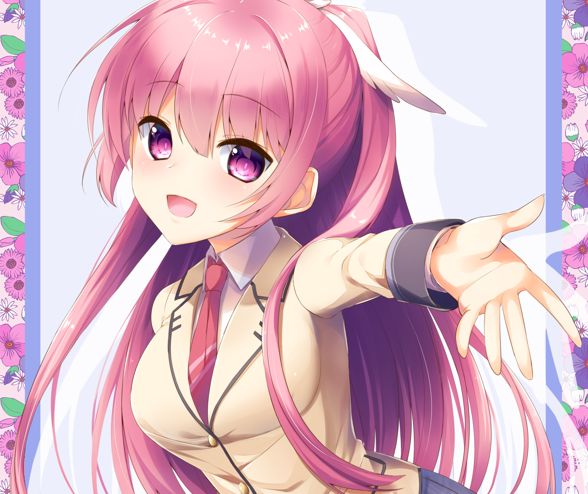 Download Tie Flower Pink Eyes Ponytail Smile Pink Hair Long Hair Anime Original HD Wallpaper by 宮下マカ