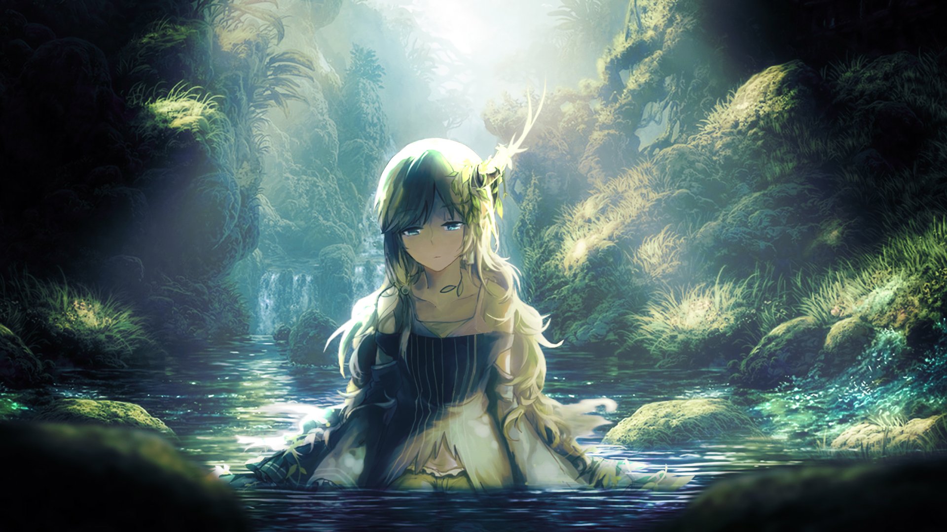 HD desktop wallpaper featuring an anime girl with long hair, standing in a serene, mystical forest with sunlight filtering through the trees, creating a peaceful and enchanting atmosphere.