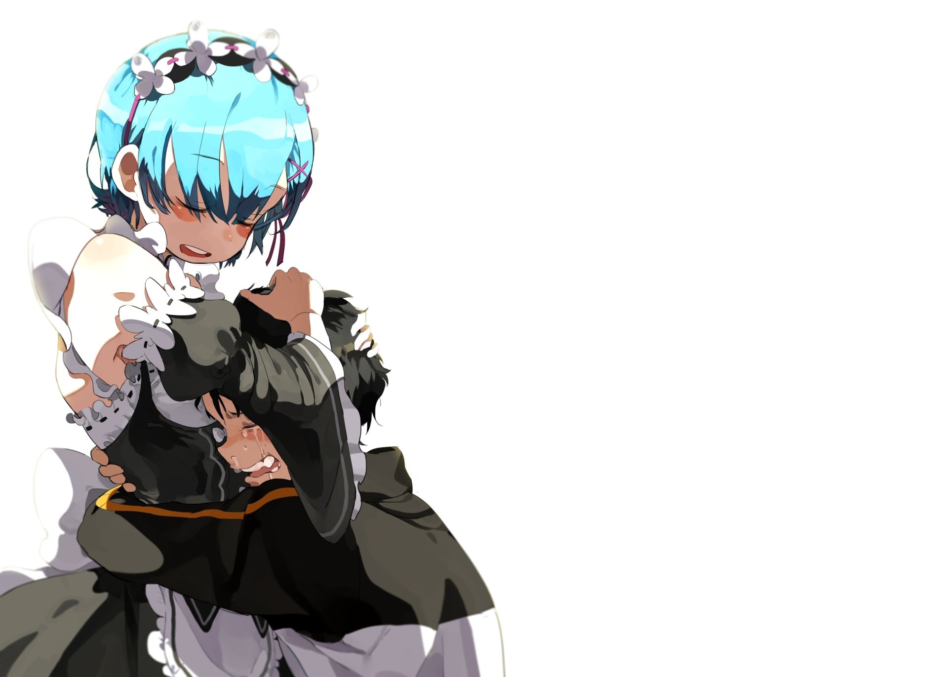 HD anime wallpaper featuring Rem from Re:Zero - Starting Life in Another World embracing Subaru Natsuki, highlighting their bond with a clean white background.