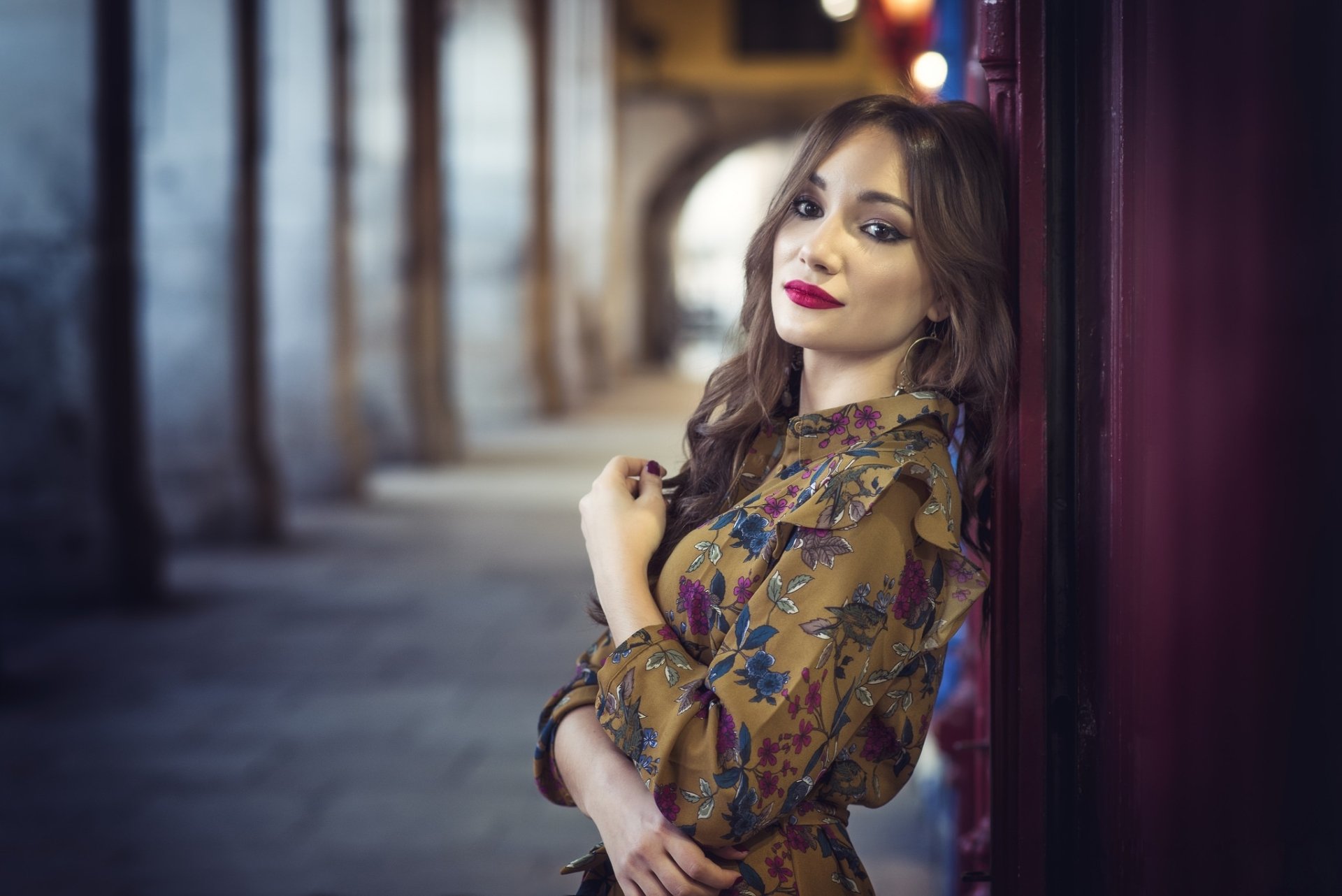 Download Long Hair Brunette Brown Eyes Lipstick Depth Of Field Woman Model HD Wallpaper by Javier Garrido