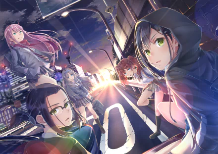 A HD desktop wallpaper featuring Miku, Kokoro, Zero Two, Ikuno, and Ichigo from the anime Darling in the FranXX, showcasing the characters in a vibrant, night-time urban setting.
