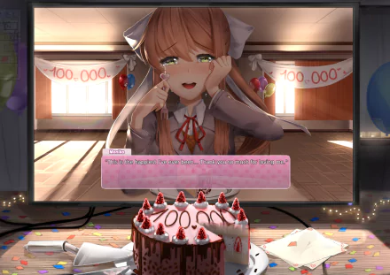 HD desktop wallpaper featuring Monika from the video game Doki Doki Literature Club! celebrating with a cake, confetti, and banners in the background displaying 100,000+.