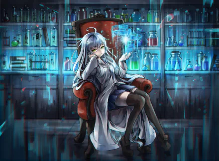 HD PC desktop wallpaper featuring an original anime character in a futuristic lab, seated confidently with glowing holographic elements surrounding her.