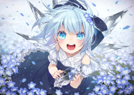 A vibrant HD wallpaper featuring Cirno from Touhou, showcasing her joyful expression amidst a field of blue flowers, surrounded by sparkling ice fragments.