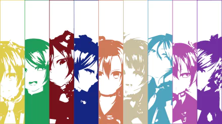 Stylized silhouettes of Love Live! characters Nozomi Tojo, Eri Ayase, Nico Yazawa, Rin Hoshizora, Hanayo Koizumi, Maki Nishikino, Kotori Minami, Umi Sonoda, and Honoka Kousaka in vibrant colors.