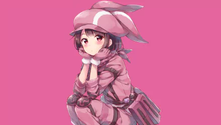 HD desktop wallpaper of LLENN (Karen Kohiruimaki) from Sword Art Online Alternative: Gun Gale Online, featuring her in a pink outfit against a pink background.