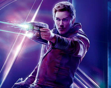 HD desktop wallpaper featuring Chris Pratt as Star-Lord from Avengers: Infinity War, showcasing him in action with his blaster against a vibrant, futuristic backdrop.